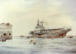 HMS Hermes entering Portsmouth Harbour on her return from the Falklands conflict