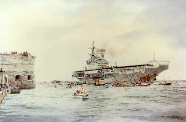 HMS Hermes entering Portsmouth Harbour on her return from the Falklands conflict