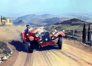 1931 Alfa Romeo driving through Tuscany