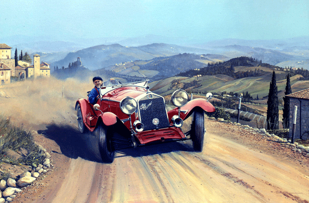 1931 Alfa Romeo driving through Tuscany